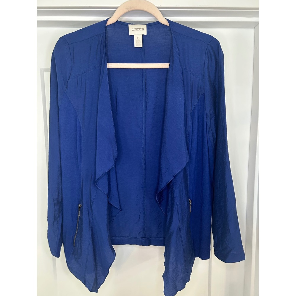 Chicos Royal Blue Draped Open Front Cardigan Jacket Mixed Media Zip Pockets Sz 0